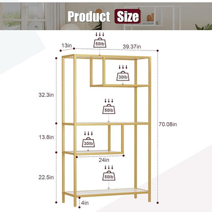 HOME BI Geometric Bookshelf, Tall Modern Etagere Bookcase, Industrial Metal Book Shelf with 5 Open Display Shelves for Office Living Room, Gold and White