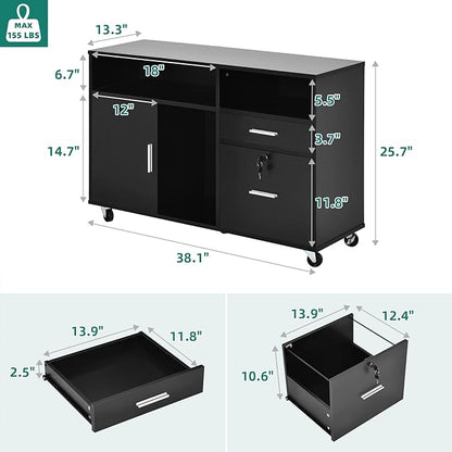 YITAHOME Wood Lateral File Cabinet, 2 Drawer Mobile Storage Cabinet, Fits A4, Letter Size Files, Printer Stand with Open Storage Shelves, Modern Filing Cabinet for Home Office, Black