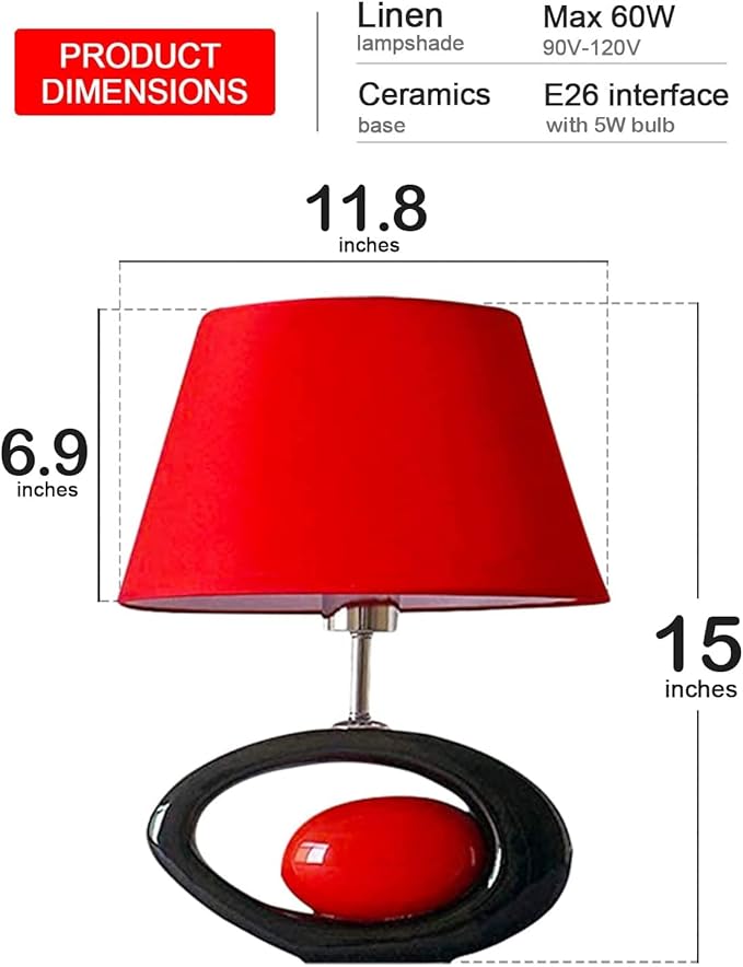 Red Modern Table Lamp, Ceramic Desk Lights with Linen Shade LED Bedroom Bedside Light Living Room Office Desk Night Lantern 14.8inch American Desktop Light for Home, E26 Base 60W 110V