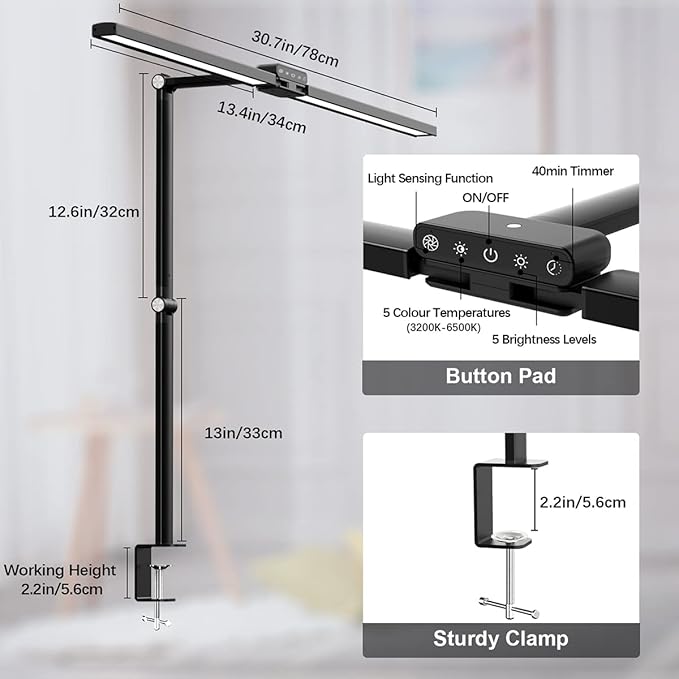 Hapfish LED Desk Lamps for Home Office, 24W Double Head Clip on Desk Light Bar with Light Sensor Function, 5 Color Modes and 5 Dimmable, Eye Protection Clamp Lamp for Monitor Studio Reading Study
