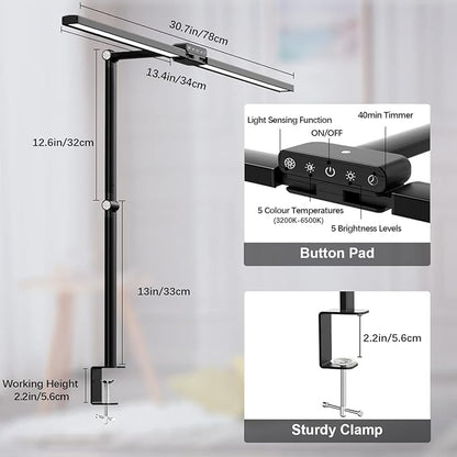 Hapfish LED Desk Lamps for Home Office, 24W Double Head Clip on Desk Light Bar with Light Sensor Function, 5 Color Modes and 5 Dimmable, Eye Protection Clamp Lamp for Monitor Studio Reading Study