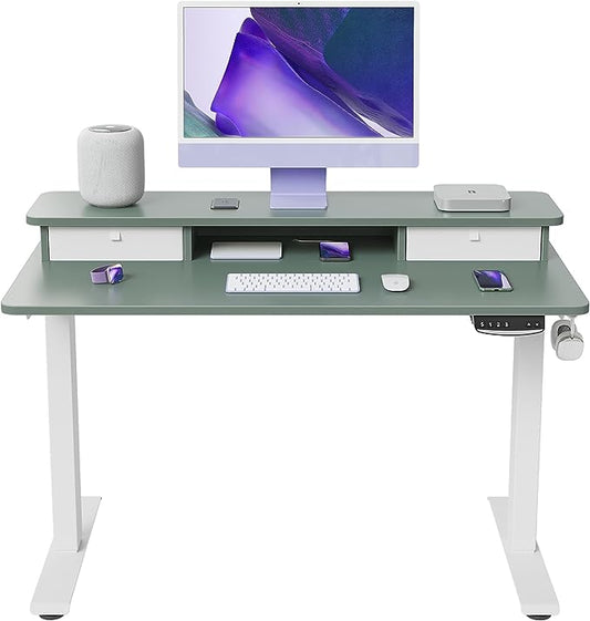 FEZIBO 40 x 24 Inch Height Adjustable Electric Standing Desk with Double Drawer, Stand Up Desk with Storage Shelf, Sit Stand Desk, Green