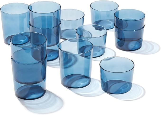 Oneida Stackables Blue Drinking Glasses, Set of 12 | glass, dishwasher safe | 6 short 8.5oz and 6 tall 14oz glasses | vibrant blue stackable design | 2.5 inch