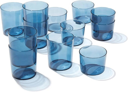 Oneida Stackables Blue Drinking Glasses, Set of 12 | glass, dishwasher safe | 6 short 8.5oz and 6 tall 14oz glasses | vibrant blue stackable design | 2.5 inch