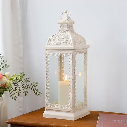 TRIROCKS Rustic Style Metal Candle Lantern 19'' High Decorative Hanging Lantern Candle Holder with Tempered Glass for Christmas Living Room Garden Yard Patio Parties Events Indoors Outdoors(Cream)