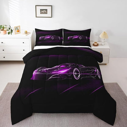 Feelyou Purple Race Car Bedding Set Full Size for Kids Boys Extreme Sport Games Comforter Set Teens Toddler Fast and Furious Duvet Set Cool Modern Quilt Set 3Pcs