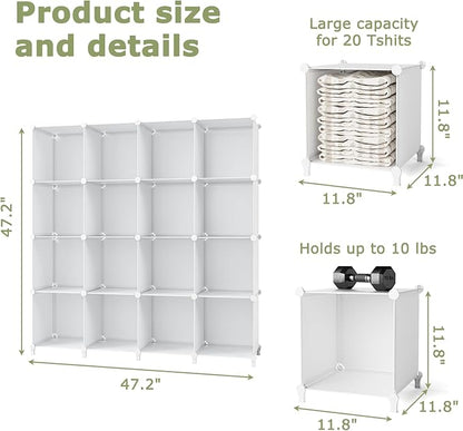 FUNLAX Cube Storage Shelf, 16 Storage Cubes Closet Organizers and Storage Portable Cube Storage Organizer Plastic Bookshelf Bookcase for Study Room, Bedroom, Office, White