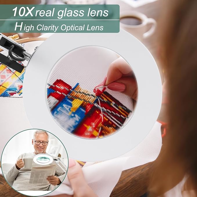 10X Magnifying Glass with Light, Krstlv Real Glass Lens Desk Lamp & Clamp, 3 Color Modes Stepless Dimmable, Hands Free LED Lighted Magnifier with Light and Stand for Reading Crafts Close Works - White