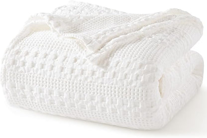 PHF 100% Cotton Waffle Weave Blanket Queen Size, Soft Lightweight Breathable Cozy Summer Blankets for Bed, Luxury Aesthetic Woven Bedding for Home Decor, 90"x90", White