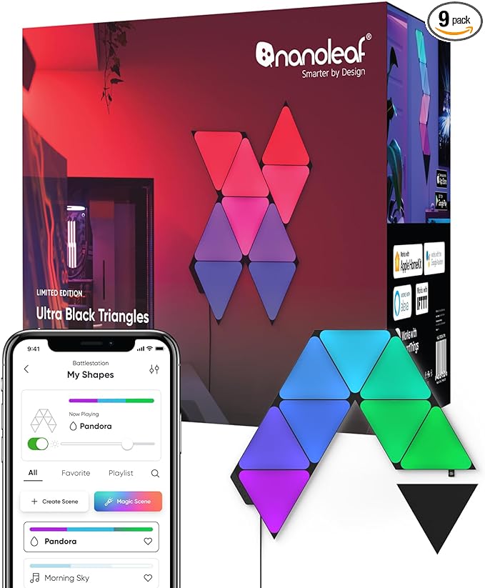 Nanoleaf Shapes WiFi and Thread Smart RGBW 16M+ Color LED Dimmable Gaming and Home Decor Wall Lights Smarter Kits (Black Triangles Smarter Kit (9 Pack)