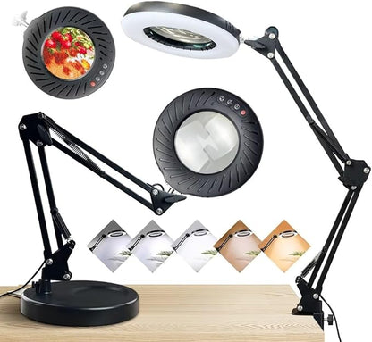 2-in-1 Large Magnifying Glass with Light and Stand-Lighted Magnifying Glass Magnifying Lamp 5 Color Modes Stepless Dimmable-Hands Free Desk Magnifying Glass with Light for Close Work Reading Repair