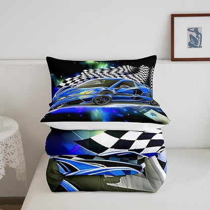 Blue Racing Car Comforter Set Full Size, Fast and Furious Extreme Sport Games Bedding Sets for Kids Boys Teens,Sports Car Bed in A Bag,Cool Modern Duvet Insert with 2 Pillowcases