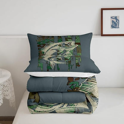 Feelyou Bass Fish Comforter Set King Size Green Camouflage Bedding Set for Fishing Lover Gifts Boys Girls Camo Pike Fish Fishing Comforter Wild Fisherman Bed Set Rustic Cabin Bedroom Decor