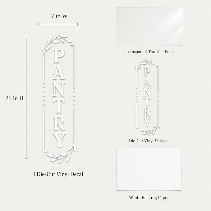 Pantry Door Lettering Vinyl Decal: White 7 x 26 Inch Vertical Design | Tall PANTRY Lettering Adds A Distinct Farmhouse Accent To Smooth Dark-Colored Doors