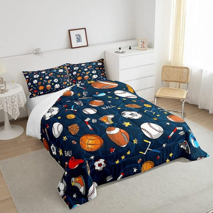 Feelyou Sports Theme Comforter Set 3D Blue Ball Bedding Set Baseball Football Basketball Comforter for Children Kids Boys Girls Microfiber Competitive Games Duvet Set Room Decor Quilt Set Queen Size