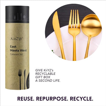 Matte Gold Utensils Set - 16-piece KiiZYs Cutlery Stainless Steel Silverware - Flatware Set Korean Chopsticks Fork Spoon Knife - Cubiertos Dorados Dishwasher Safe Gift Box (Gold, Service for 4)