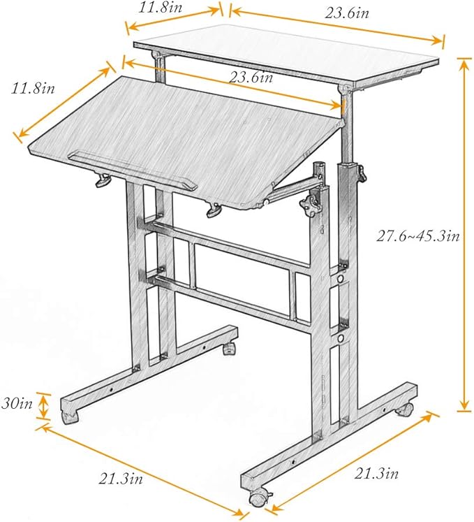 DlandHome Mobile Standing Desk Stand Up Desk Rolling Desk, Stand Sit Desk Mobile Computer Desk Adjustable Standing Desk 23.6inches Table Workstation Mobile Desk Cart Tray Maple