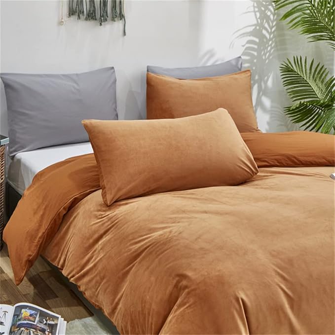 Wellboo Velvet Full Size Comforter Set Pumpkin Fluffy Bedding Set for Women Girls Burnt Orange Plush Bedding Comforters Solid Terracotta Flannel Quilt Soft Rust Pumpkin Fuzzy Blanket Sherpa Shaggy Bed