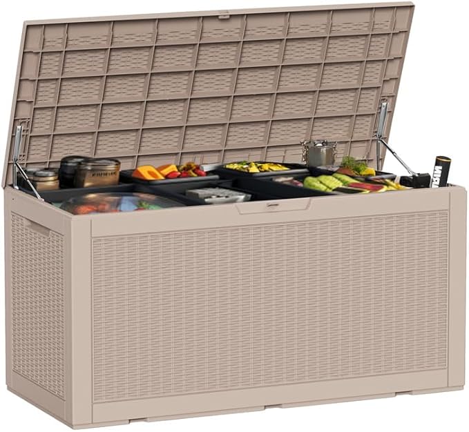 ROJIK Outdoor Storage Housing Deck Box - Waterproof Patio Furniture, Garden Tools, Cushions, Pool Accessories Storage Bench with Lockable Lid and Side Handles (Grey 100 Gal)