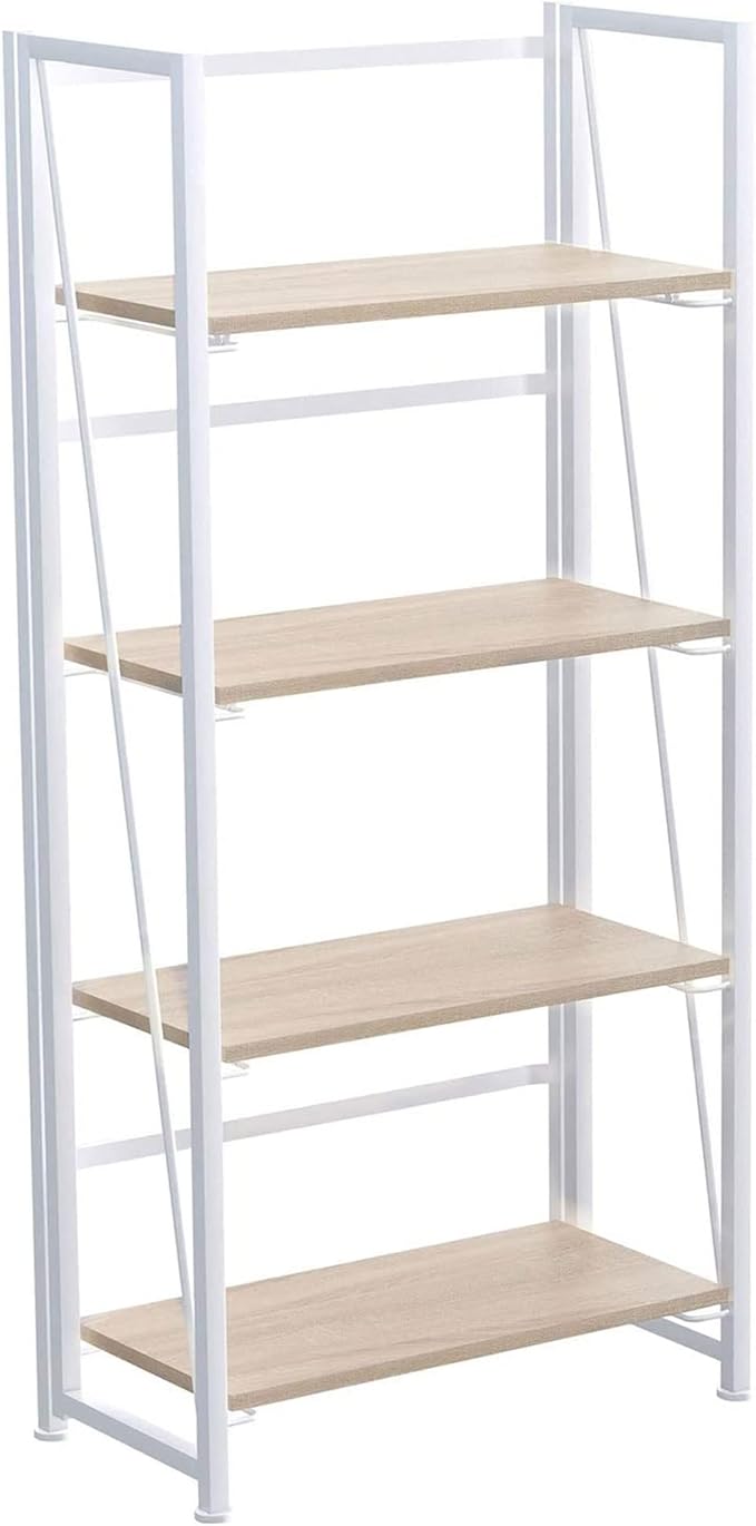 No-Assembly Folding Bookshelf Storage Shelves 4 Tiers Vintage Multifunctional Plant Flower Stand Storage Rack Shelves Bookcase for Home Office (White)