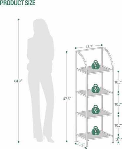 Bookcase Bookshelf, Tempered Glass Arched Bookshelf for More Storage, Slim Shelving Unit for Bedroom, Bathroom, Home Office, Steel Frame, 4 Tier Gold BC20499G