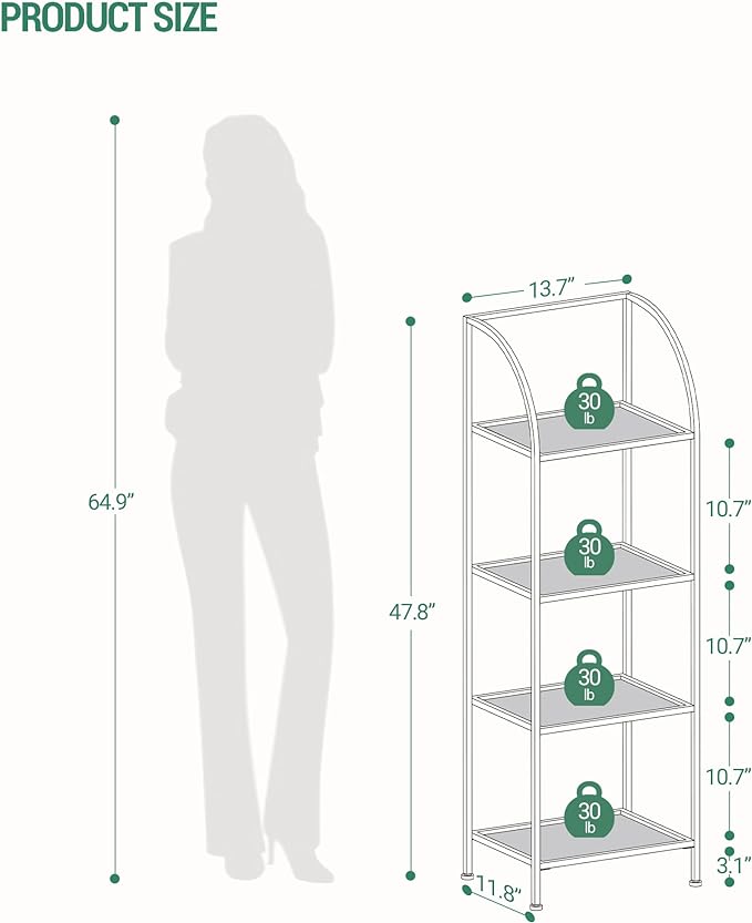 Bookcase Bookshelf, Tempered Glass Arched Bookshelf for More Storage, Slim Shelving Unit for Bedroom, Bathroom, Home Office, Steel Frame, 4 Tier Black BC20499B