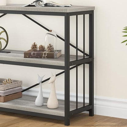 IBF Low Long Horizontal Bookshelf, Industrial Modern 3 Tier Etagere Bookcase, Large Wide Open Rustic Metal and Wood Grey Book Shelf for Bedroom Living Room Home Office Storage, Light Grey Oak, 63 Inch