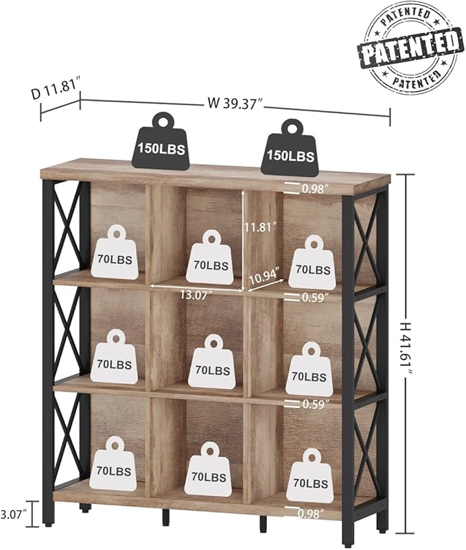 FATORRI 9 Cube Storage Bookshelf, Industrial 4 Shelf Book Shelf, Farmhouse Wood and Metal Cubby Bookcase for Home Office (39.37" W, Rustic Oak)