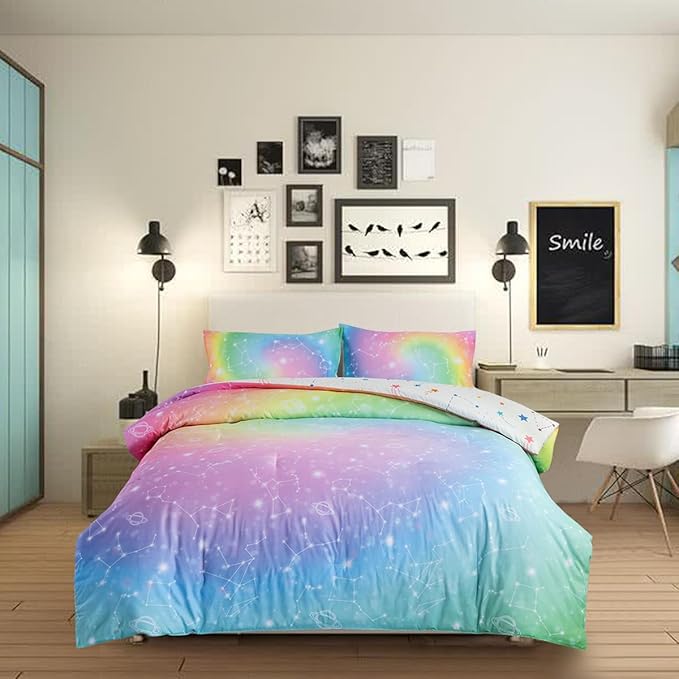 Holawakaka Tie Dye Constellation Print Rainbow Ombre Comforter Set Queen Size Girls Boys Gradient Galaxy Bedding Sets Teens Boho Bed Set(Multi,Queen)