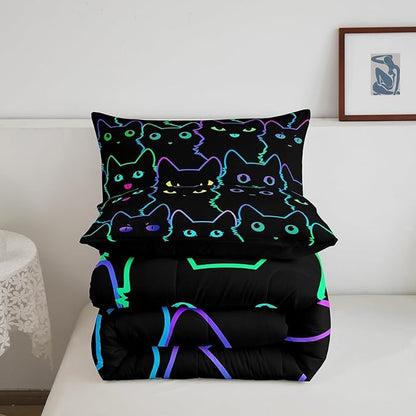 Erosebridal Girls Bedding Cartoon Cat Comforter Set Queen Size,Gradient Line Cute Cat Bedding Set for Kids Teens Boys Young Man Room Decor,Lovely Animal Kitten Print Comforter All Season,Rainbow Black
