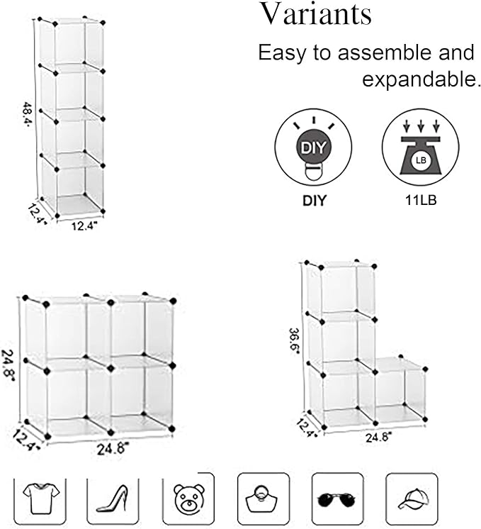 C&AHOME Cube Storage Organizer, 4-Cube Shelving Units, DIY Closet Storage, Modular Book Shelf, Ideal for Bedroom, Living Room, Office, 24.8" L x 12.4" W x 24.8" H Translucent White SBTM3004A