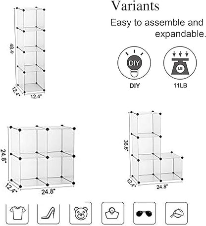 C&AHOME Cube Storage Organizer, 4-Cube Shelving Units, DIY Closet Storage, Modular Book Shelf, Ideal for Bedroom, Living Room, Office, 24.8" L x 12.4" W x 24.8" H Translucent White SBTM3004A