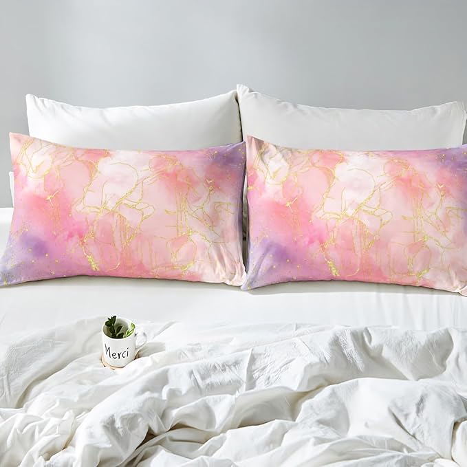 Pink Tie Dye Comforter Set, Marble Art Bedding for Boys Girls Teens Women, Glitter Marbling Printed Bedding Comforter Sets Pastel Aesthetic Duvet Insert Marble Bedroom Decor with 2 Pillowcases, Queen