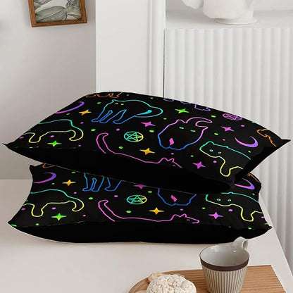 Black Cat Bedding Cartoon Cat Comforter Set Full,Moon Stars Printed Kids Bedding Set for Boys Girls Adults Room Decor,Kids Comforter Set All Season,1 Quilt 2 Pillow Cases,Neon Color Purple Blue Green