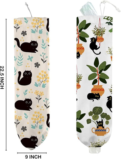 2Pcs Cute Cat Plastic Bag Holder, Vintage Floral Greenery Plastic Bag Holders for Grocery Bags, Washable Grocery Bags Storage Dispenser for Home Kitchen Pantry Decor, Cat Lover Gifts for Women