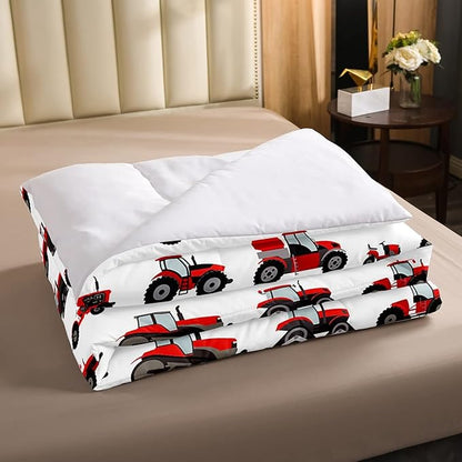 Erosebridal Red Tractor Comforter Set Twin Size Heavy Equipment Truck Down Comforter Kids Boys Girls Teens Harvester Tractor Bedding Set Construction Excavator Farm Equipment Quilt Set