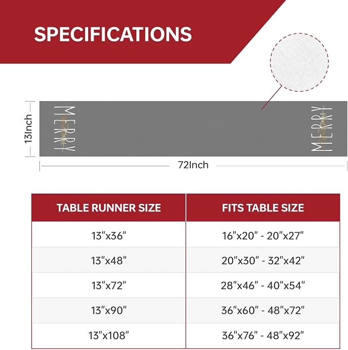 ONWAY Merry Christmas Gold Table Runner Winter Xmas Holiday Kitchen Dining Farmhouse Table Decor for Indoor Outdoor Home Party Decorations 13x72 Inch Grey