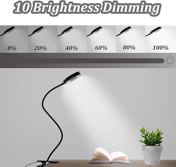 KBG Desk Lamp Clip on Light, 3 Color Modes & 10 Brightness Flexible Gooseneck Desk Lamp, Eye Protection Desk Light for Kids Reading Book in Bed at Night Clip on Table, Computer, Zoom Meetings