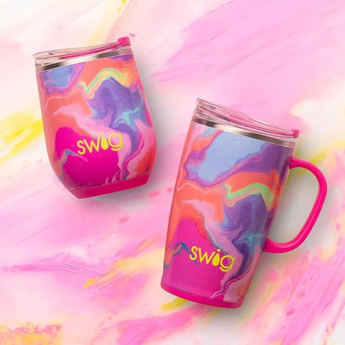 Swig Life 18oz Insulated Travel Mug with Handle & Lid, Candy Crush | Triple Insulated Stainless Steel - Handle & Lid Included - Keeps Coffee Hot or Cold - Cup Holder Friendly