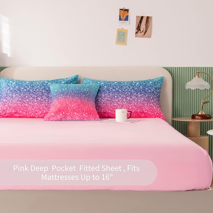 RYNGHIPY 6Pcs 3D Glitter Comforter Bedding Sets for Kids Teens Girls Women, Turquoise Blue Pink Rainbow Quilt Set Queen Size, Ultra Soft Reversible Bed in A Bag