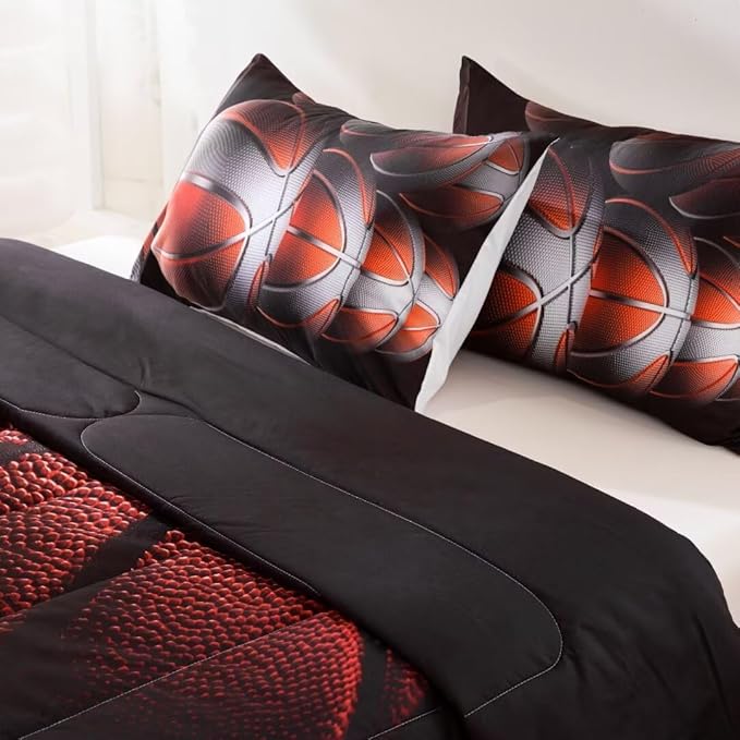Teens Boys Sports Comforter Set Twin,Basketball Bedding Set for Kids,Sports Orange Basketball Comforter Sets,Black Teenage Boy Bedroom Bed Set 3 Pieces with Pillowcases