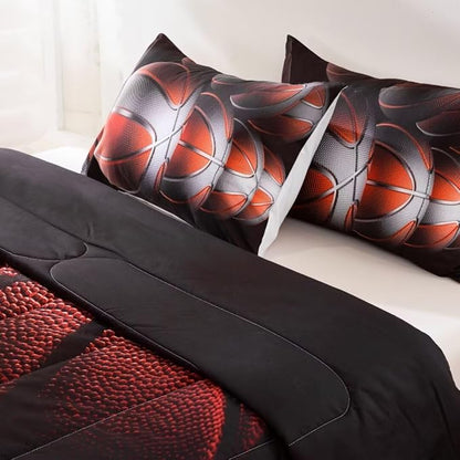 Teens Boys Sports Comforter Set Full,Basketball Bedding Set for Kids,Sports Orange Basketball Comforter Sets,Black Teenage Boy Bedroom Bed Set 3 Pieces with Pillowcases