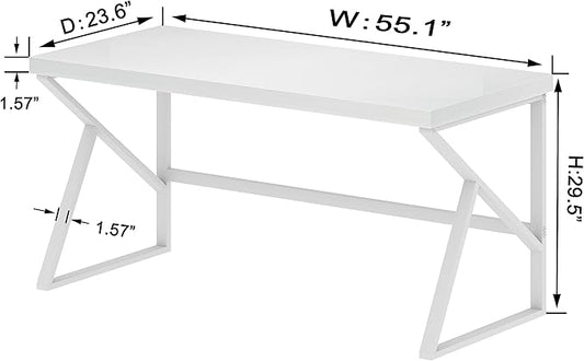 HSH White Computer Desk, Modern Wood Home Office Desk, PC Desk for Executive Work Writing Study Gaming Student Bedroom, Farmhouse Simple Wooden and Metal Computer Table Workstation, White Oak 55 Inch