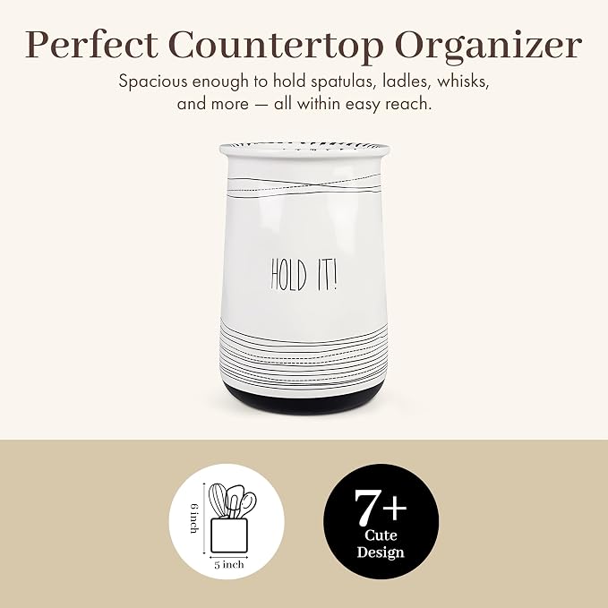 Young's Inc Ceramic Farmhouse Utensil Holder for Kitchen Counter, Black and White Farmhouse Décor Utensil Crock, 4” Diameter Kitchen Utensil Holder 20142