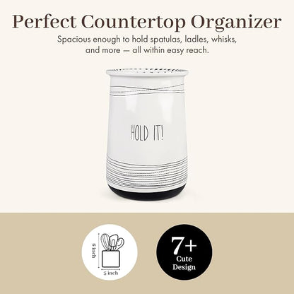 Young's Inc Ceramic Farmhouse Utensil Holder for Kitchen Counter, Black and White Farmhouse Décor Utensil Crock, 4” Diameter Kitchen Utensil Holder 20142