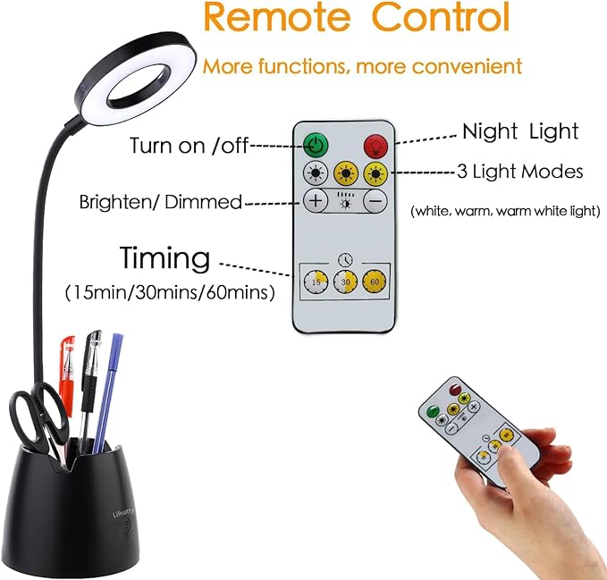 Desk Lamp, Desk Lamps for Home Office, Touchable, Remote Controlled, Dimmable, 3 Color Modes, Gooseneck, Black Table Light for Bedrooms, Led Desk Light, Small Office Lamp, Dorm Room Essentials
