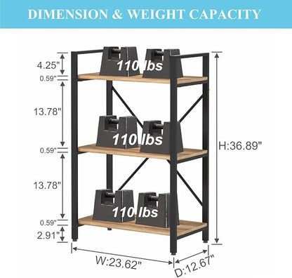 BON AUGURE Industrial 3 Tier Bookshelf, Rustic Small Book Shelves for Small Spaces, Short Wood Metal Etagere Bookcase for Living Room, Bedroom and Office (Vintage Oak)
