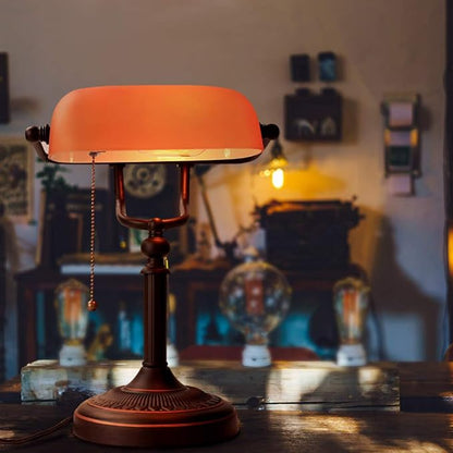 Newrays Matted Orange Glass Bankers Desk Lamp with Pull Chain Switch Plug in Fixture