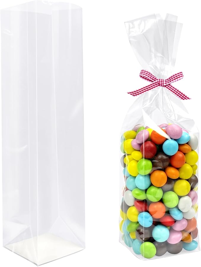 Morepack Gusseted Flat Bottom Cellophane Bags 2x2x8 In 50Pcs | Biscotti Bags with Paper Insert (Mini Size)