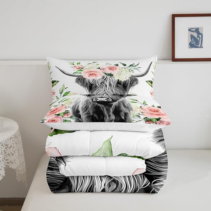 Highland Cow Bedding Set Kids Rose Floral Bull Cattle Comforter Set for Girls Teens Western Wildlife Animal Comforter Farmhouse Duvet Set Room Decor Quilt Set Twin Size